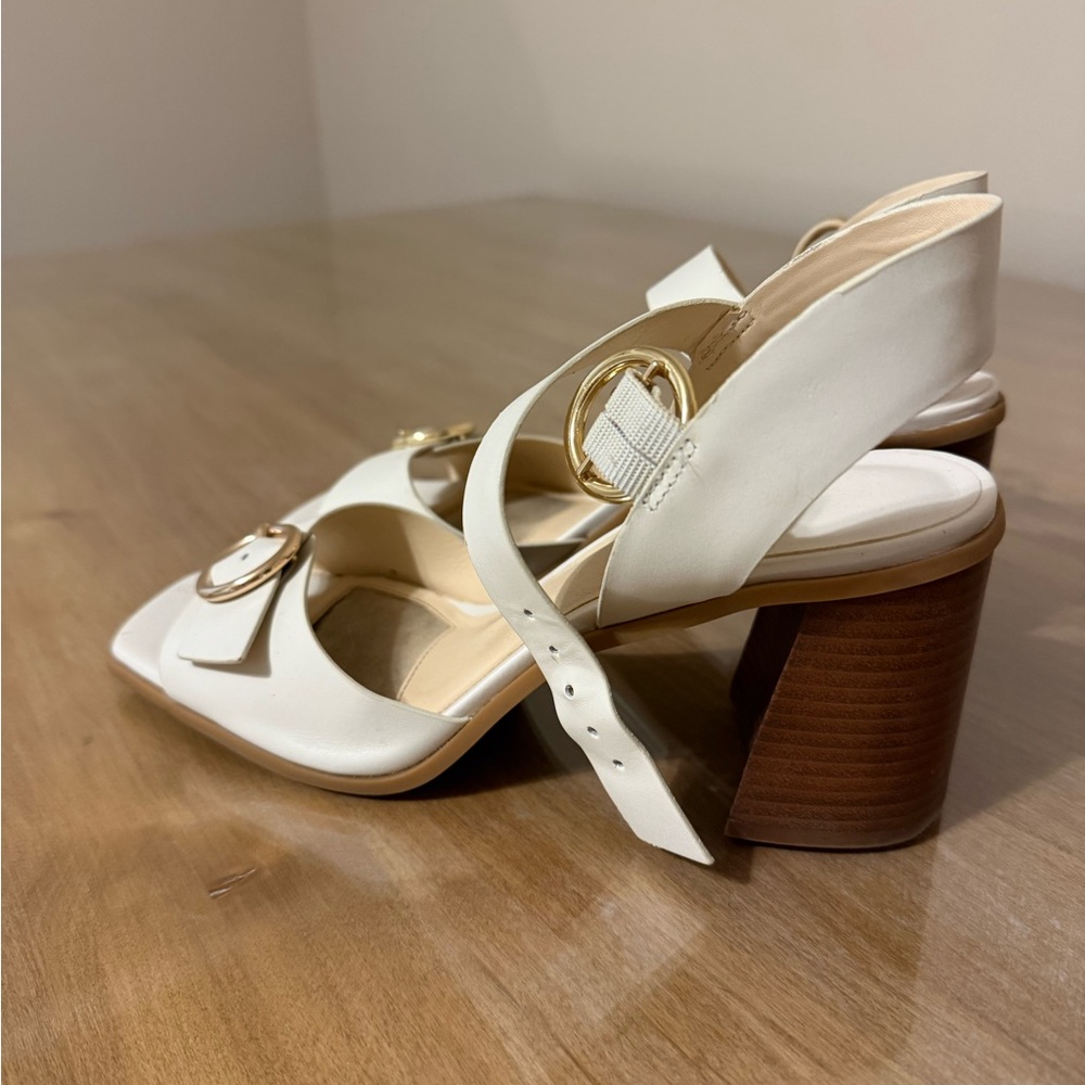 Nordstrom White Leather Block Heel with Gold Buckle - Picture 3 of 4